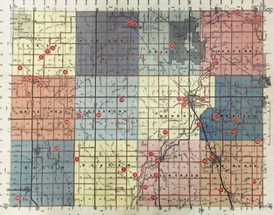 map of Pulaski County with cemeteries marked with red dots