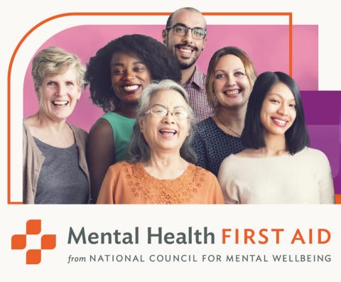 Diverse group of people smiling above Mental Health First Aid logo