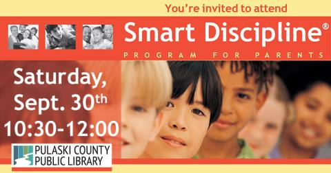 Smiling children standing in a row, along with basic text about the Smart Discpline program.