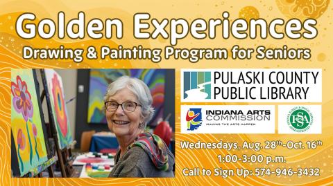 A senior woman happily painting a colorful image, alongside logos and basic info about the program.