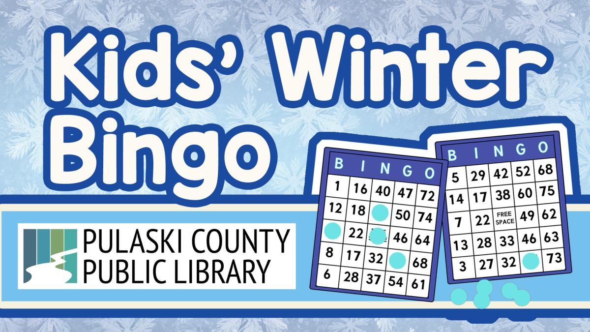 blue bingo boards and snowflakes with the text "Kids' Winter Bingo"