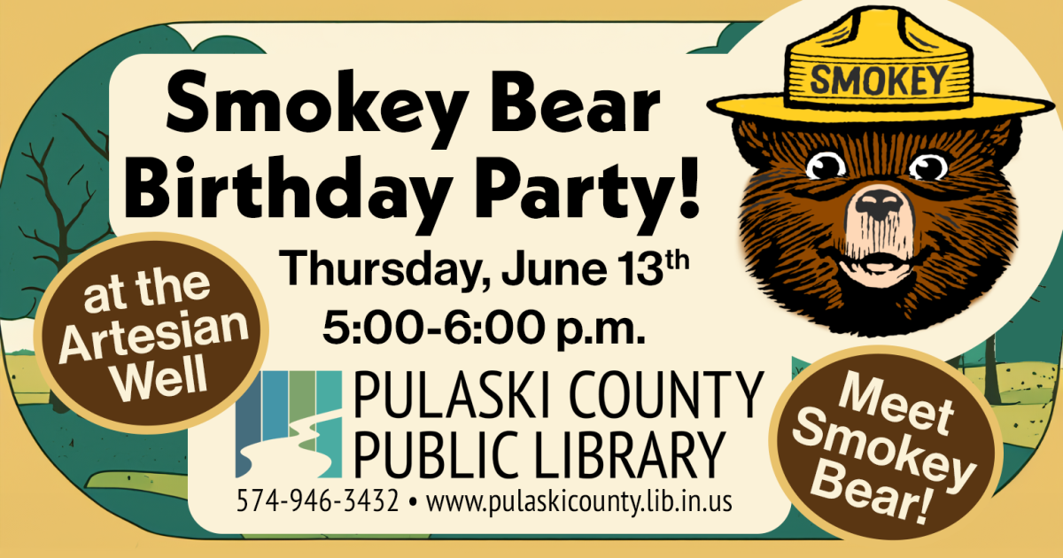 illustration of Smokey Bear with text about the event and PCPL logo