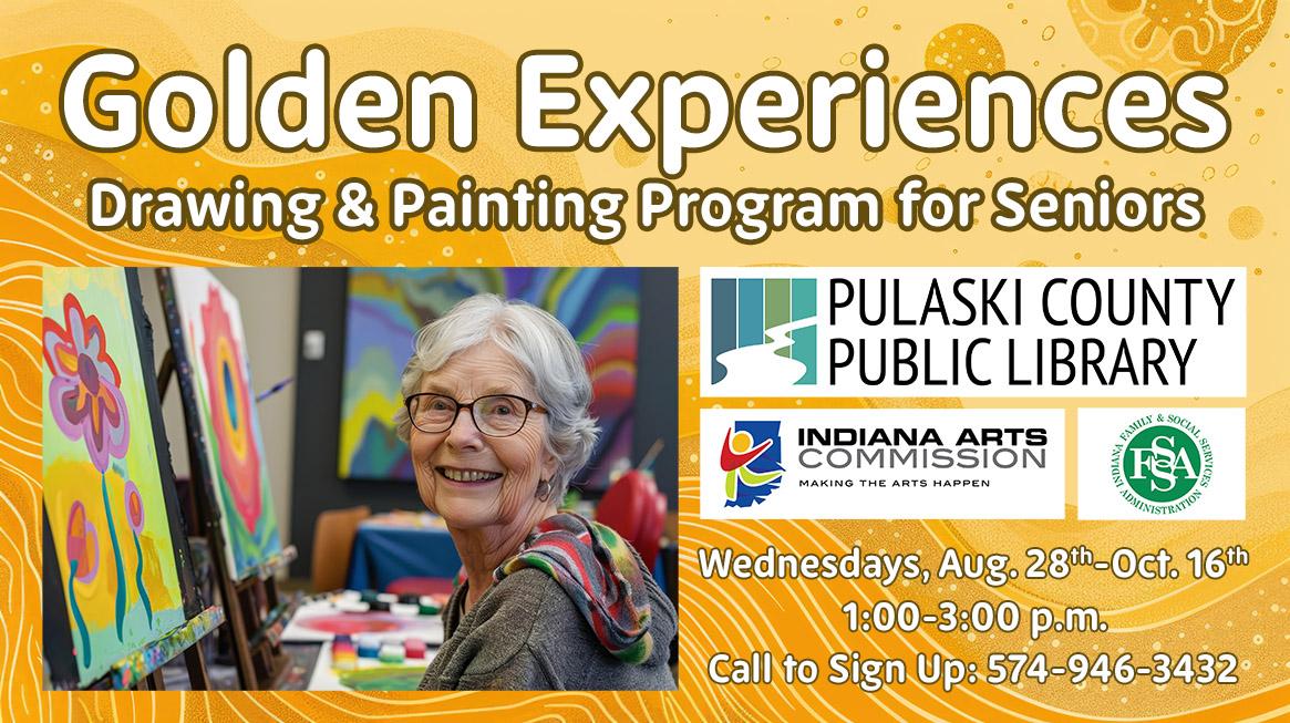 A senior woman happily painting a colorful image, alongside logos and basic info about the program.